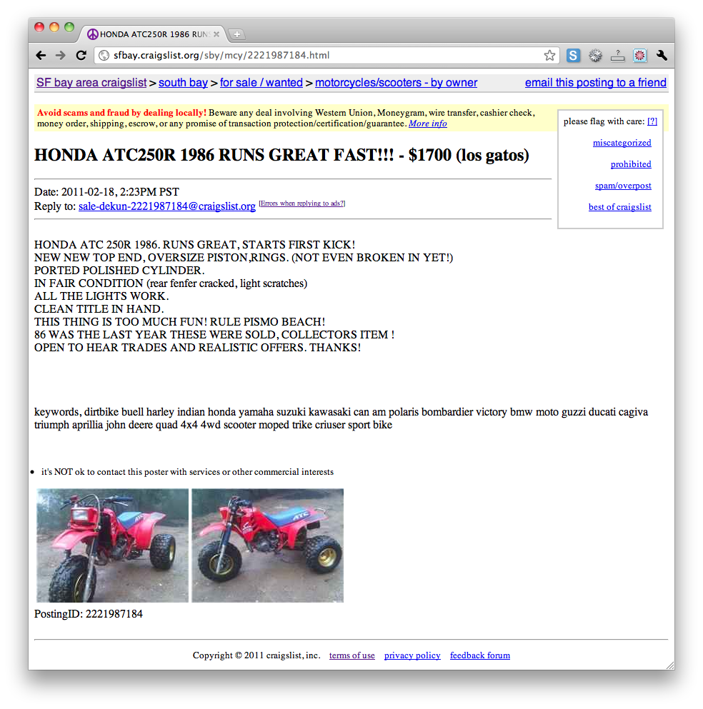 honda 250r 3 wheeler for sale craigslist